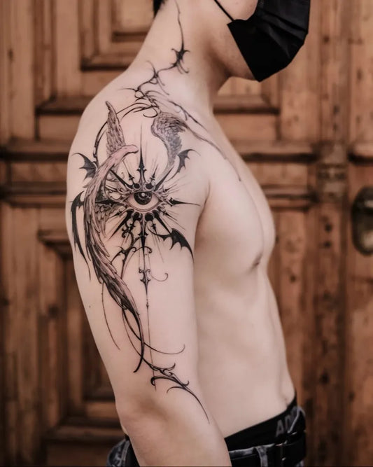 Big Blackwork Angel Wings Eye on Men Shoulder Tattoo by @auua.tattoo