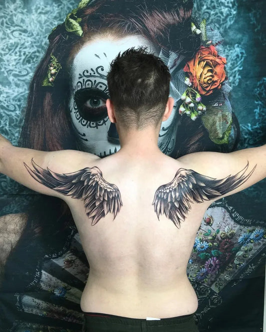 Big Blackwork Angel Wings Tattoo on Men Back by @tattoo.mrf