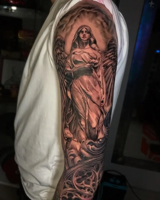 Big Blackwork Angel Woman Arm Religious Tattoo by @cs7ink