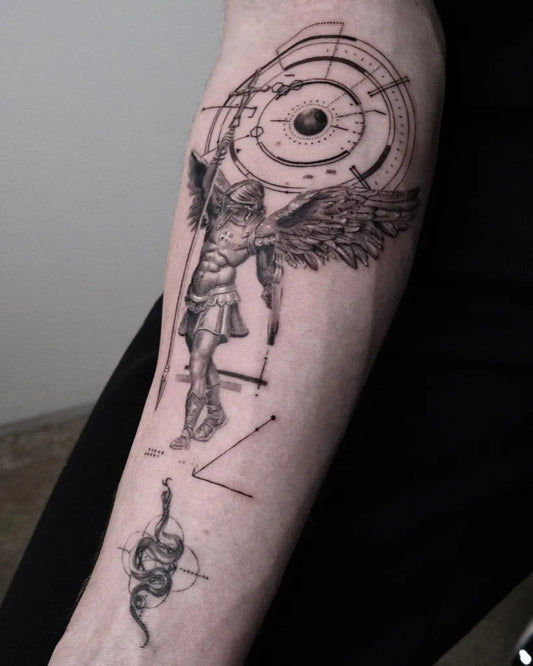Big Blackwork Angel and Geometric Device Tattoo on Men Inner Arm by @89inks