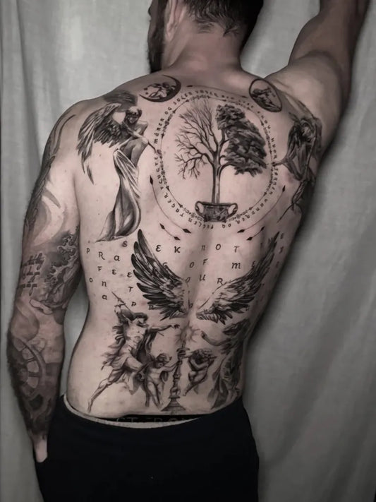 Big Blackwork Angels Tree Wings on Men Back Tattoo by @beaustanfordtattoo