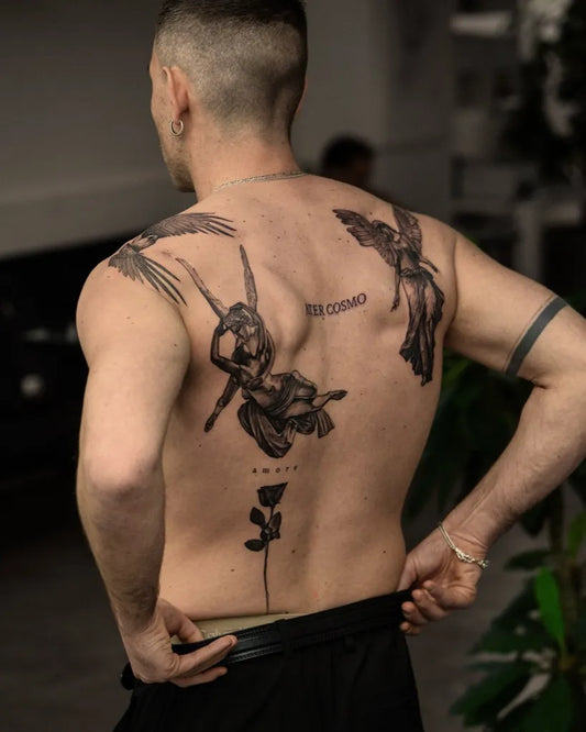 Big Blackwork Angels and Rose on Men Back Tattoo by @midday_p