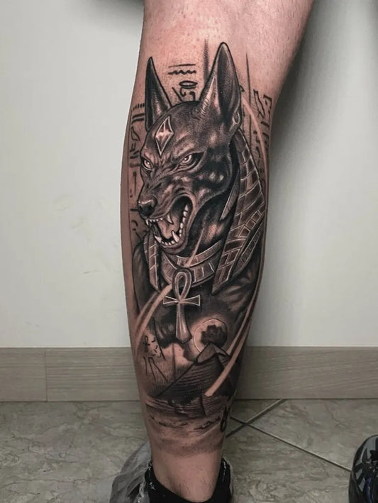 Big Blackwork Anubis Hieroglyphs Tattoo on Men Thigh by @joseminfn