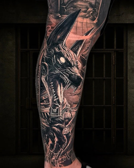 Big Blackwork Anubis Horus Tentacles Tattoo on Men Leg by @guantanamo_tattoo