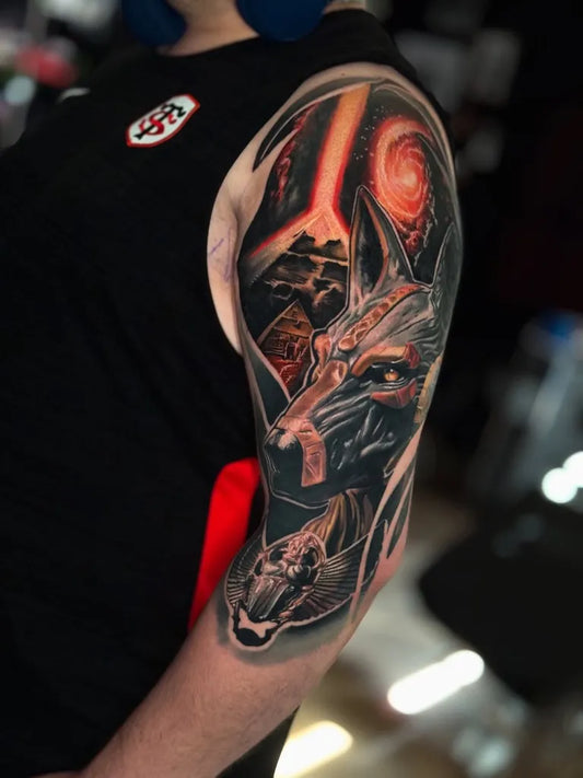 Big Blackwork Anubis Mountain Galaxy Tattoo on Men Arm by @mowzerinktattoo