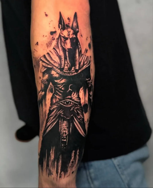 Big Blackwork Anubis Tattoo on Men Arm by @blackseal_tattoo