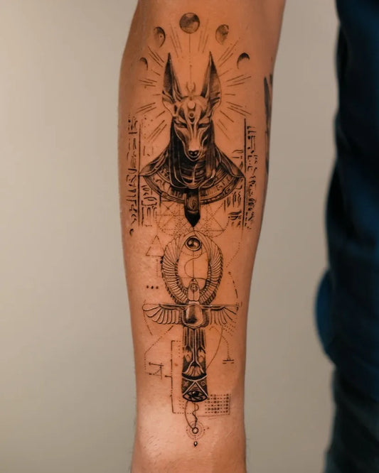 Big Blackwork Anubis and Moon Phases Tattoo on Men Arm by @zionele