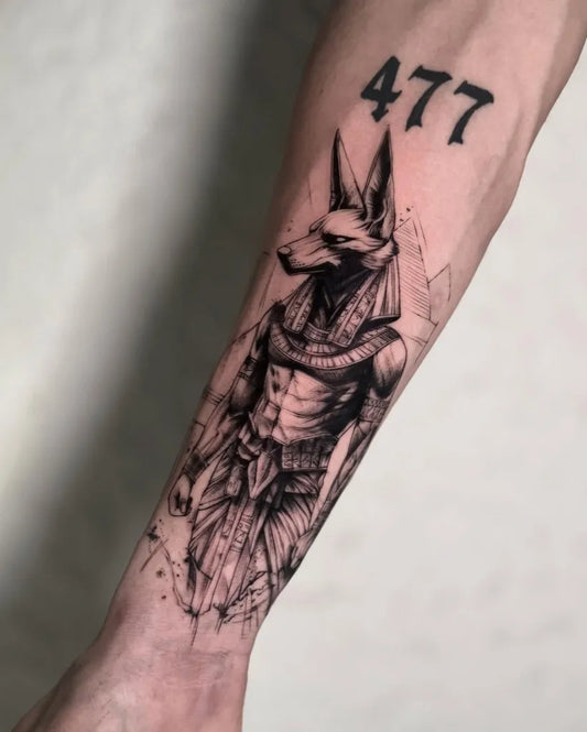 Big Blackwork Anubis with Numbers Tattoo on Men Arm by @joju.chaveztorres