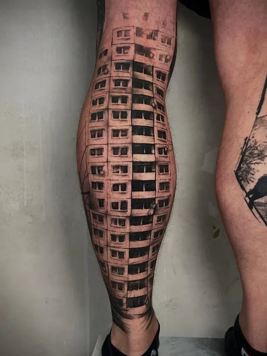Big Blackwork Apartment Building Tattoo on Men Leg by @sven_kleis