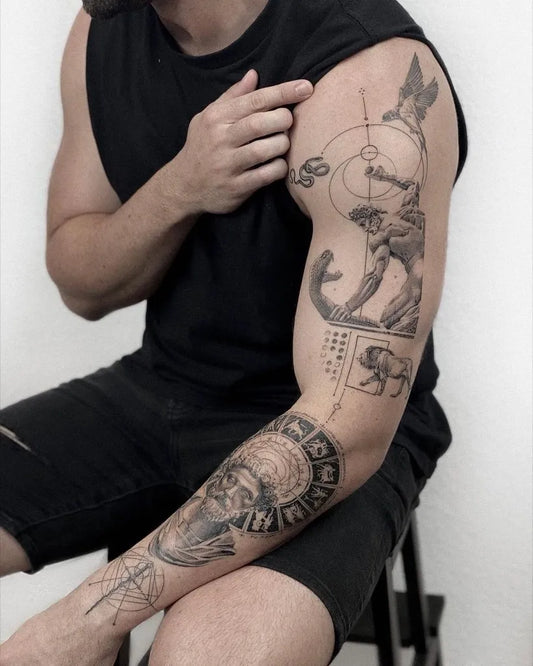 Big Blackwork Ape Zodiac Mandala Spiritual Tattoo on Men Arm by @goodomengallery