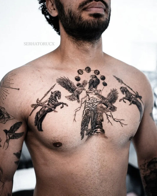 Big Blackwork Apollon with Ravens and Horses on Men Chest Tattoo by @serhatorucx