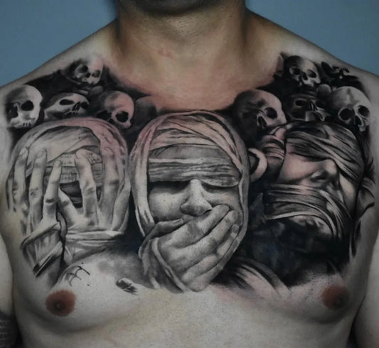 Big Blackwork Bandaged Skulls on Men Chest Tattoo by @craigjamestattoos