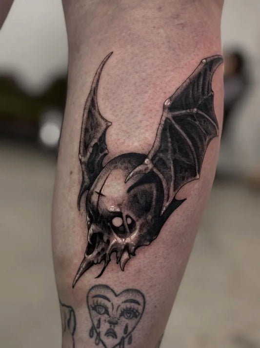 Big Blackwork Bat Skull Tattoo on Men Leg by @babbathh