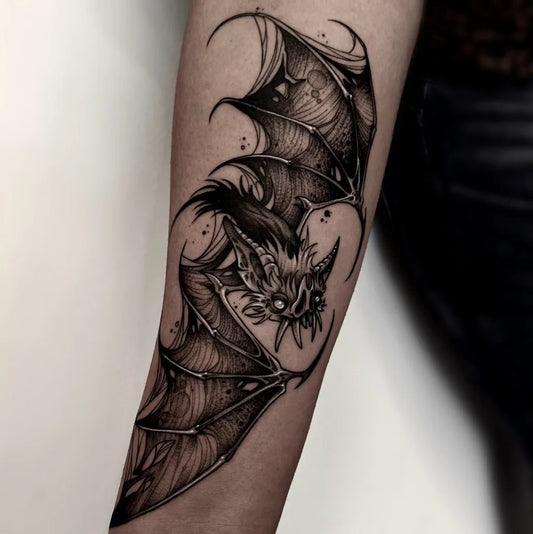 Big Blackwork Bat Tattoo on Women Arm by @letenebris.art
