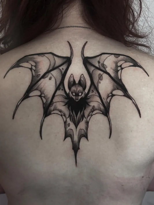 Big Blackwork Bat Tattoo on Women Back by @blvir_
