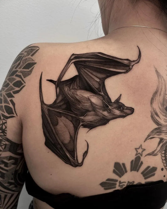 Big Blackwork Bat Tattoo on Women Back by @yongha_blk