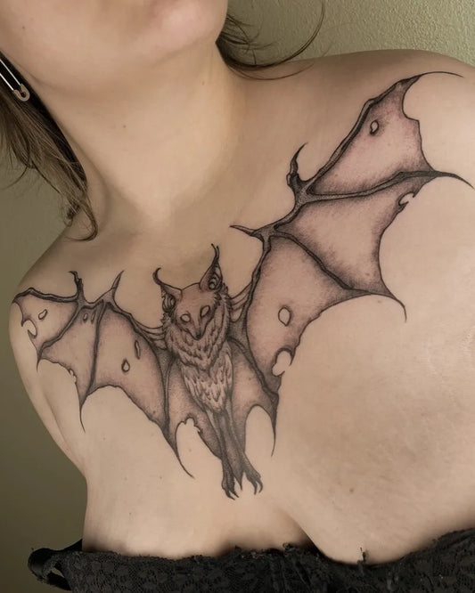 Big Blackwork Bat Tattoo on Women Chest by @diaspro_tattoo