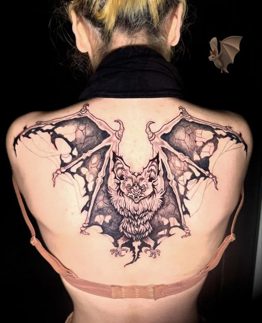 Big Blackwork Bat Wings Tattoo on Women Back by @aebraybray