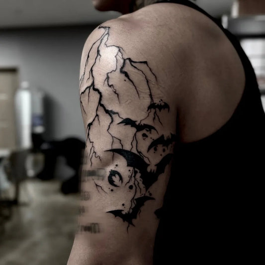 Big Blackwork Bats Lightning Moon Tattoo on Men Shoulder by @hyunhwa.tattooer