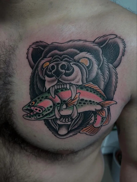 Big Blackwork Bear Biting Trout on Men Chest Tattoo by @foxintherabbithole