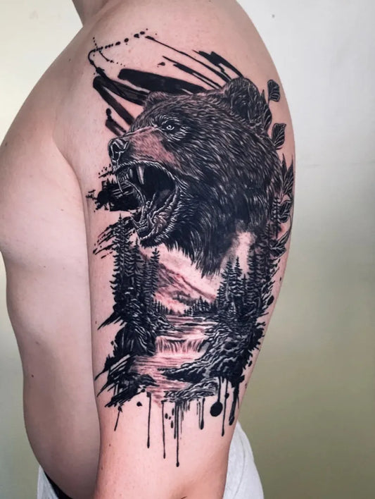 Big Blackwork Bear Forest on Men Shoulder Tattoo by @pa3ktats3
