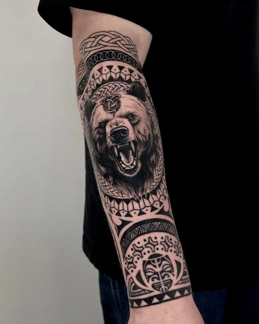 Big Blackwork Bear with Celtic Knots on Men Arm Tattoo by @dusk_blk