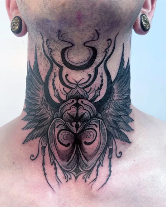 Big Blackwork Beetle on Men Neck Tattoo by @armellevhentattoo