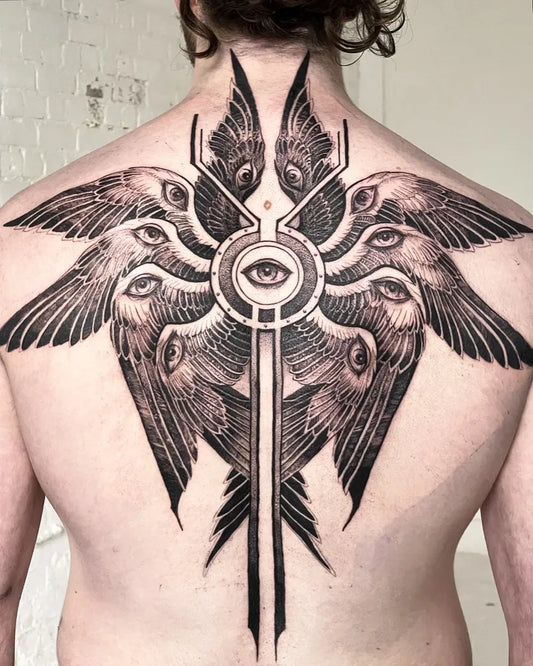 Big Blackwork Biblically Accurate Angel Wings on Men Back Tattoo by @martinkellytattoo