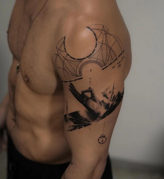 Big Blackwork Bird and Crescent Spiritual Tattoo on Men Shoulder by @blocktattoo