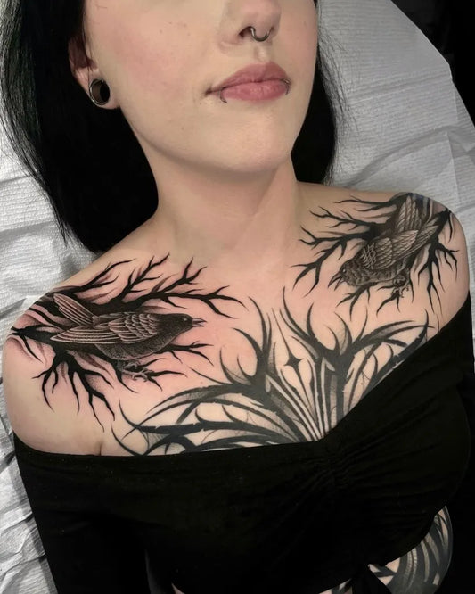 Big Blackwork Birds and Branches on Women Chest Tattoo by @jillians.ink