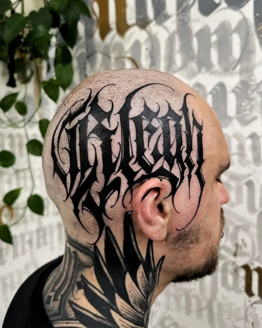 Big Blackwork Blackletter Script Tattoo on Men Head by @xover.letters