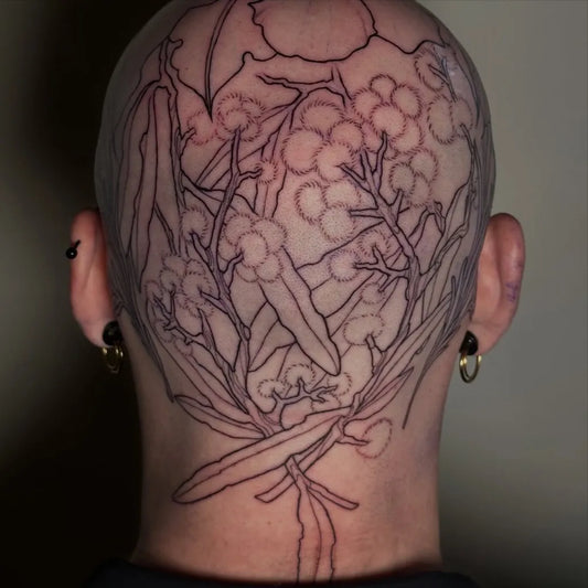 Big Blackwork BotanicalBranches Tattoo on Men Head by @mr.sillygoose