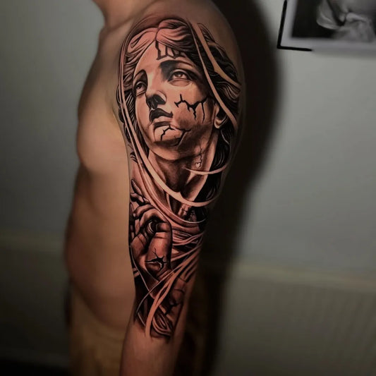 Big Blackwork Broken Veiled Female Figure on Men Arm Religious Tattoo by @yuri_tattooo