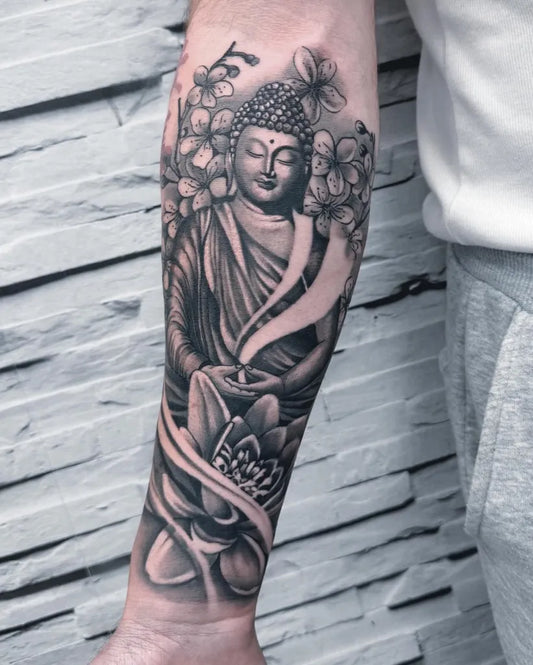 Big Blackwork Buddha Lotus Flowers on Men Forearm Tattoo by @anna_tattooss