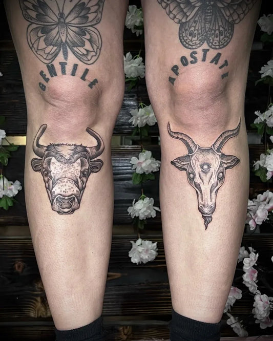 Big Blackwork Bull and Goat Heads Tattoo on Women Knee by @inkedbykiki