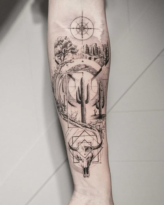 Big Blackwork Cactus Skull Landscape Tattoo on Men Arm by @danielmeyertattoo