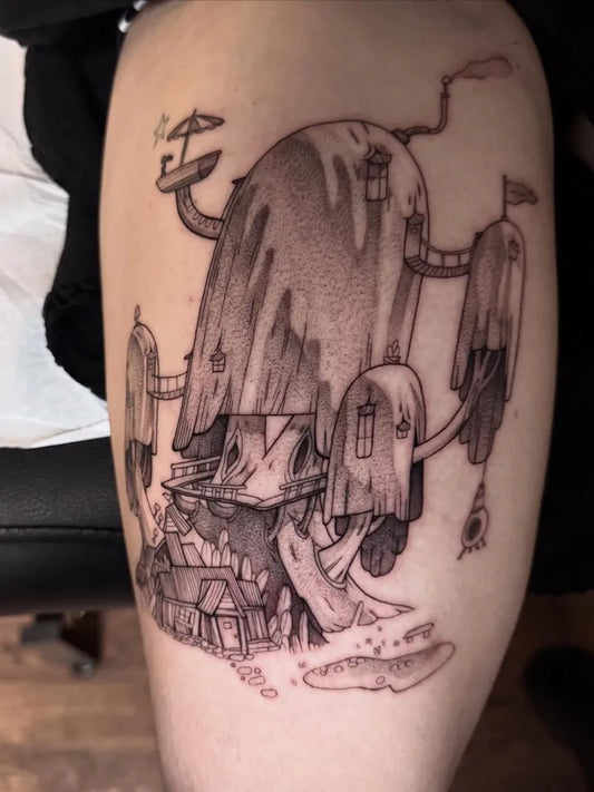 Big Blackwork Candy Kingdom Tattoo on Men Thigh by @inkyyourboi