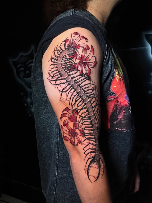 Big Blackwork Centipede Lilies Tattoo on Men Arm by @mariahsbodyart