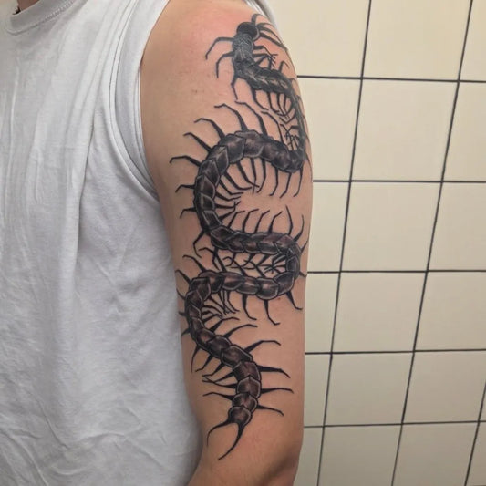 Big Blackwork Centipede Tattoo on Men Arm by @amyturtletattoo