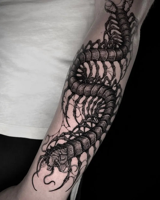 Big Blackwork Centipede Tattoo on Men Arm by @kinta_tattooer