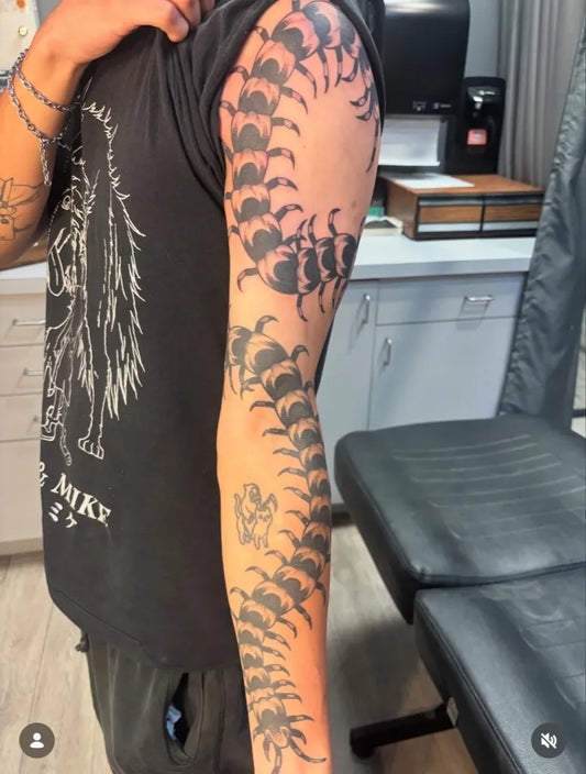Big Blackwork Centipede Tattoo on Men Arm by @lyonsdentattoocompany