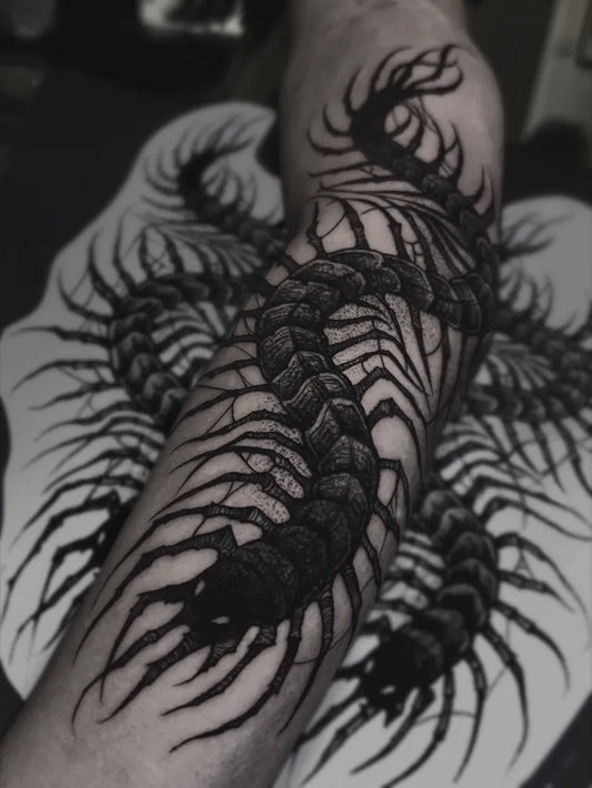 Big Blackwork Centipede Tattoo on Men Arm by @the13thfloorutrecht