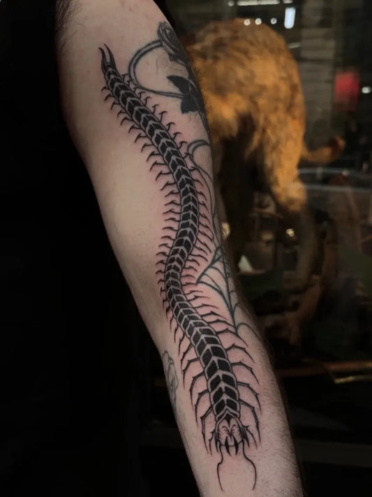 Big Blackwork Centipede Tattoo on Men Arm by @zombieboy.ttt