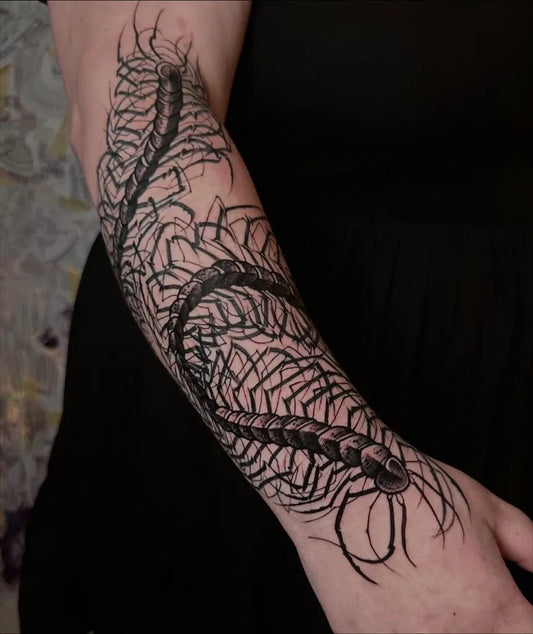 Big Blackwork Centipede Tattoo on Women Arm by @afterlifetattoonz