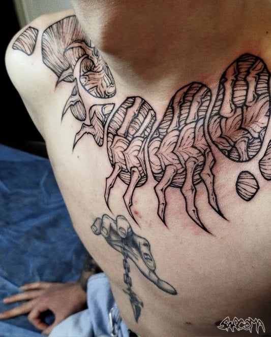 Big Blackwork Centipede and Chains Tattoo on Men Collarbone by @sarcoma.tatt