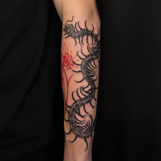 Big Blackwork Centipede and Flowers Tattoo on Men Arm by @bruja.tatts