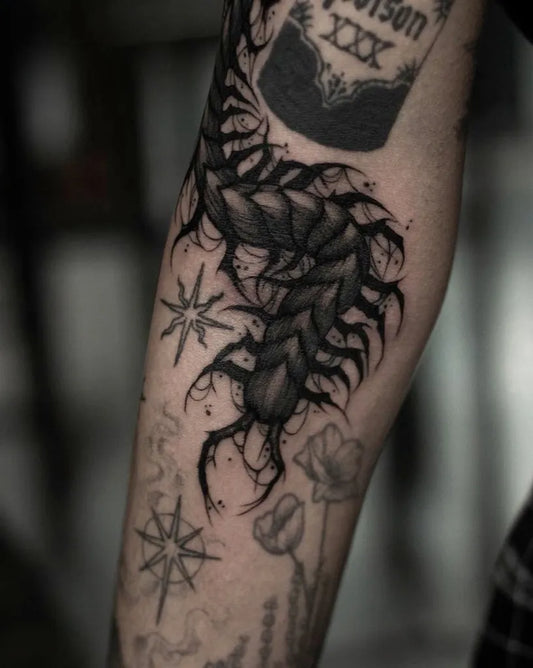 Big Blackwork Centipede and Spider Tattoo on Men Arm by @everblacktattoo