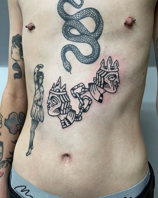 Big Blackwork Chained Headdress Figures Tattoo on Men Stomach by @jvckbarrow