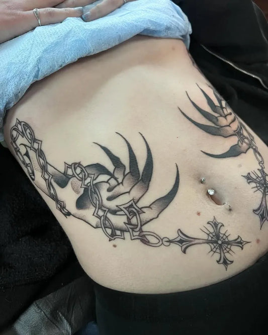 Big Blackwork Chains Claws Cross Tattoo on Women Stomach by @ghostbunnytat