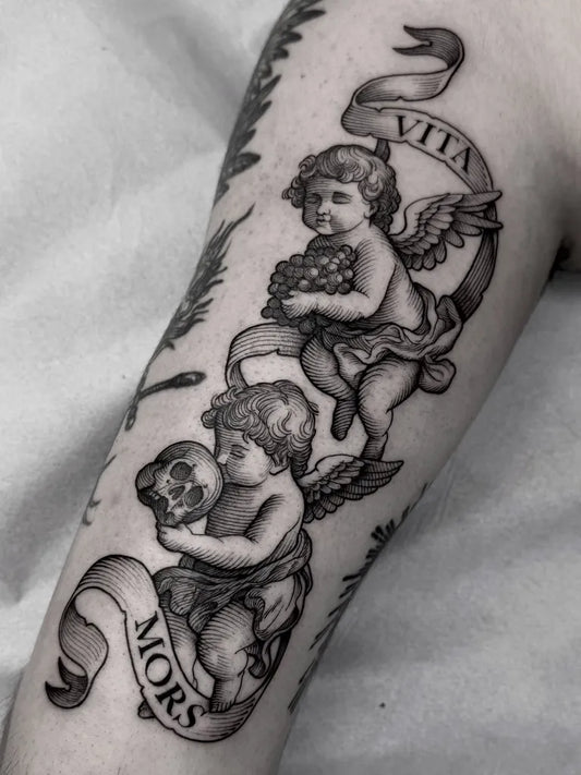 Big Blackwork Cherubs with Skull and Banner Tattoo on Women Arm by @_donbraga